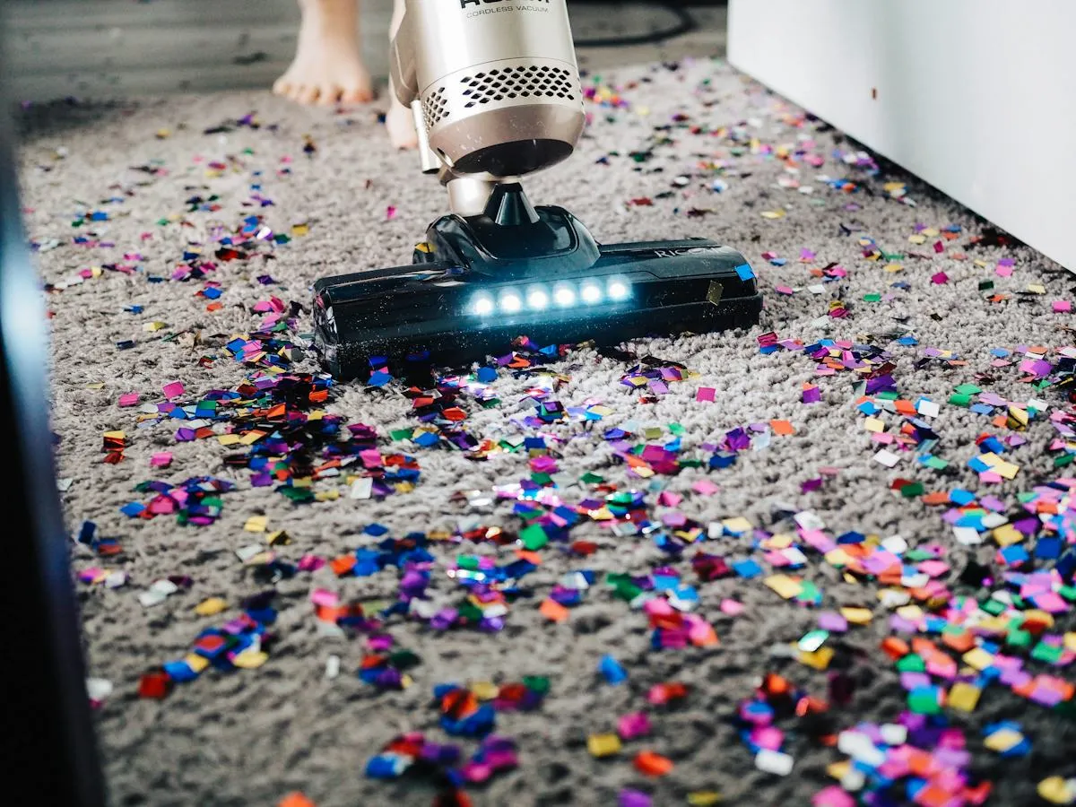 Vacuum cleaner clearing colourful debris from a carpet