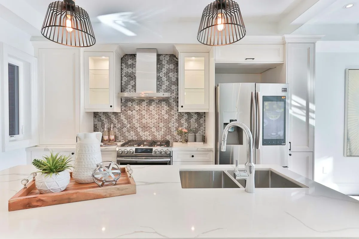 Bright clean residential kitchen with dining stools