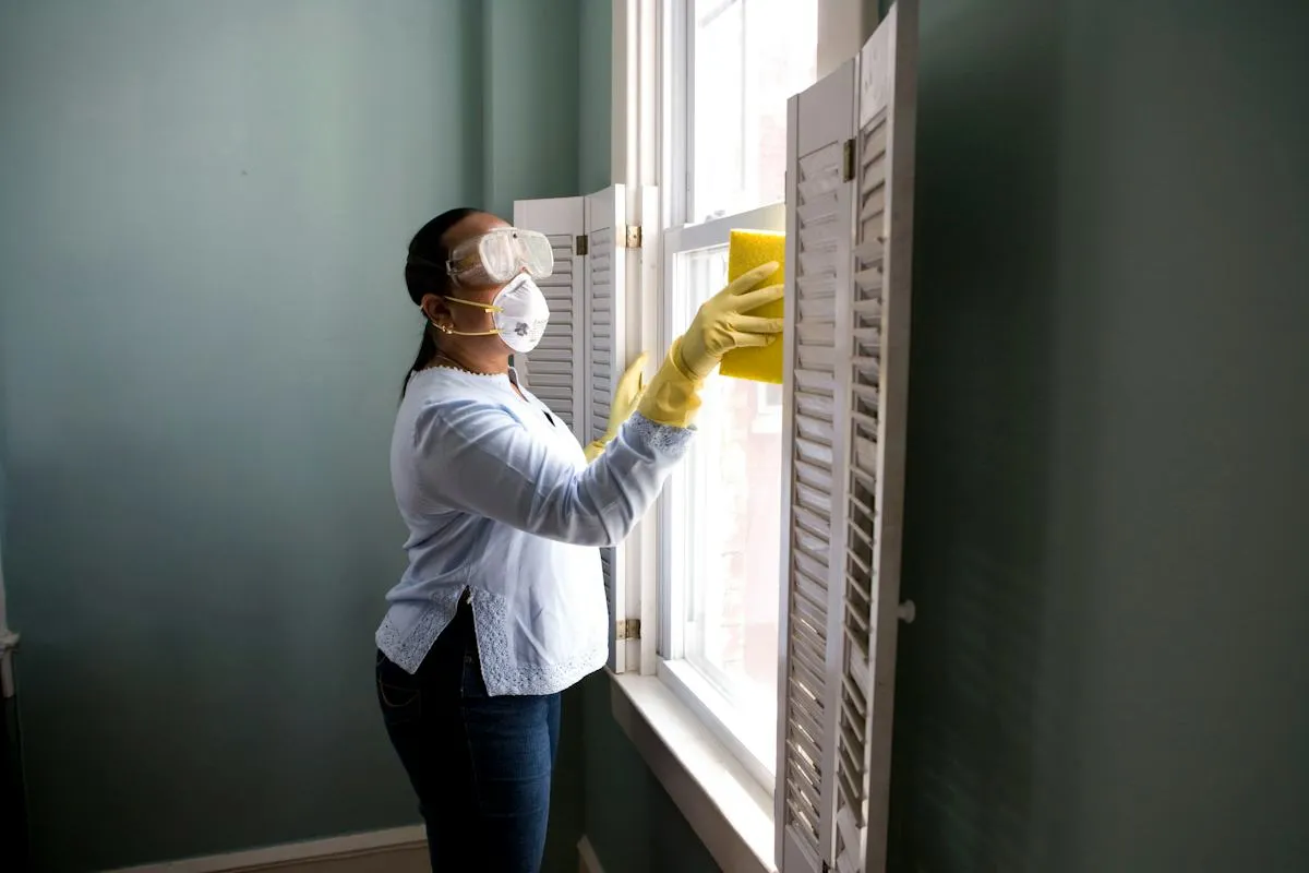 Window cleaner wiping glass with a cloth