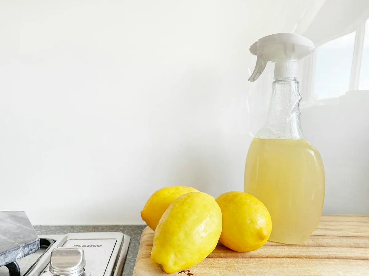 Natural cleaning products with lemon on a counter