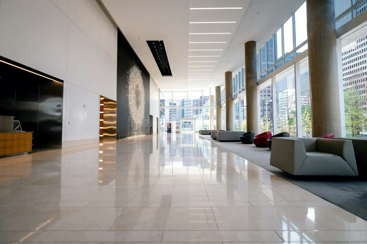 Bright office interior with large clean windows