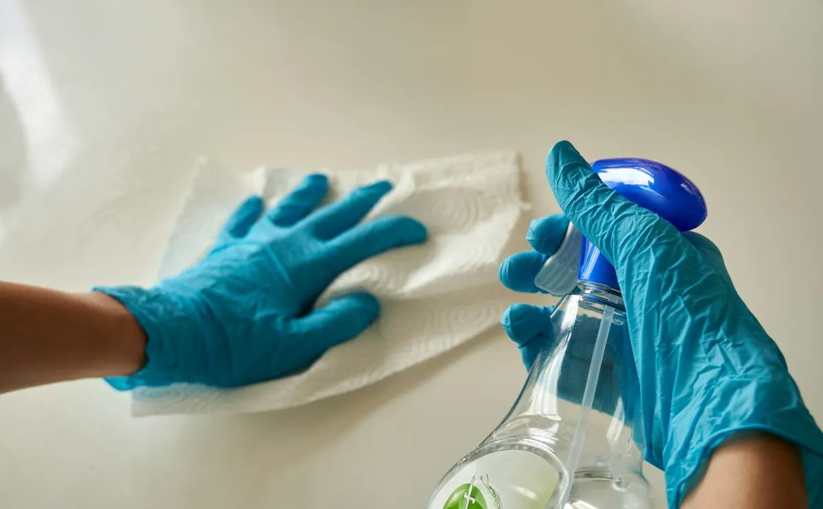 Gloved hands spraying and cleaning a surface