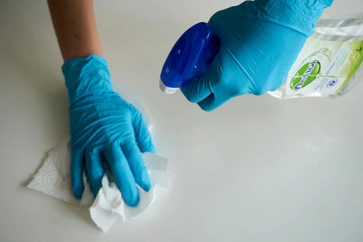 Gloved hand applying a cleaning solution