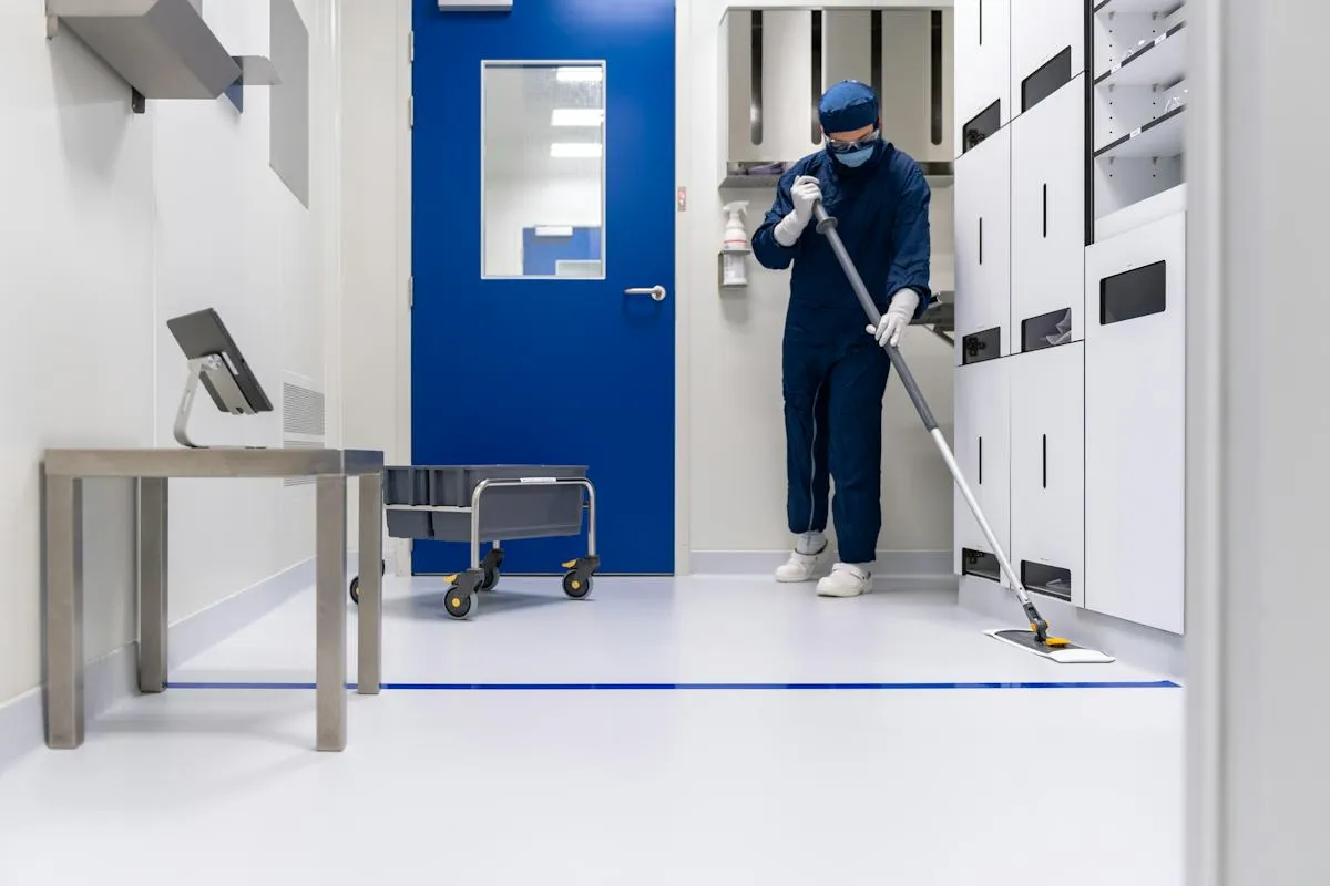 Cleaner mopping a corridor in a residential building