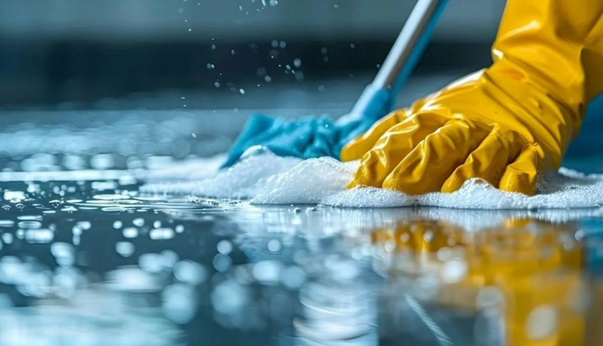 Gloved hands scrubbing a surface with soapy water